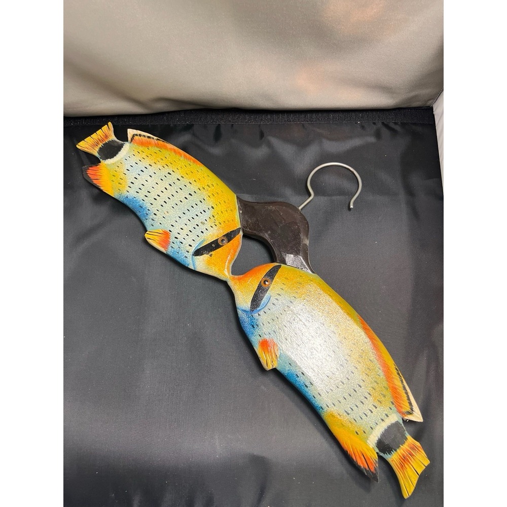 VTG Hand Painted Wood Tropical Fish Clothes Hanger Coastal Fishing Cabin Decor